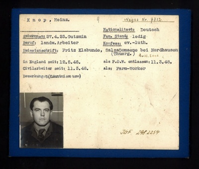 German P.O.W. record card - Heinz Knop - German - Dob 27/04/1923; 6589 German P.O.W. record card - Heinz Knop - German - Dob 27/04/1923; 6589