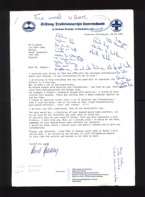 Letter - from German U-boat Museum - Cuxhaven-Altenbruch - Germany - 02/01/1991; 2/01/1991; 2732