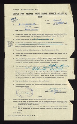 Navy forms Ss1246x - S1586(a) - S1599 - D.N.A. form 800 & movement order re: D.A. Butterworth D/JX 650481 LDG R/Mech Royal Navy - 22/12/1945; 17/11/1943; 5107