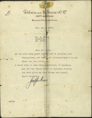 Letter - to Mr. G. Hood from "Dobsons and Browne & Co Ltd" re: Mr. hood's resignation - 03/04/1939; 3/04/1939; 5150 Letter - to Mr. G. Hood from "Dobsons and Browne & Co Ltd" re: Mr. hood's resignation - 03/04/1939; 3/04/1939; 5150