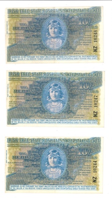 Tickets (3) - Irish Free State Hospitals Sweepstake Ticket - 10/- Sterling - 04/06/1934; 4/06/1934; 36488 Tickets (3) - Irish Free State Hospitals Sweepstake Ticket - 10/- Sterling - 04/06/1934; 4/06/1934; 36488