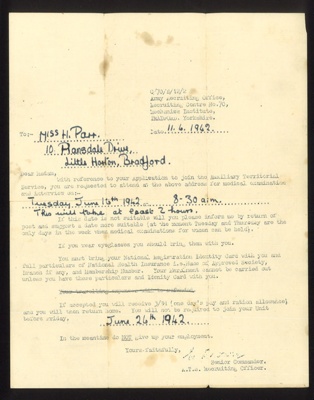 Letter - to Miss Helen Parr from Army Recruiting Office - attendance for interview for the A.T.S. - 11/06/1942; 11/06/1942; 9737