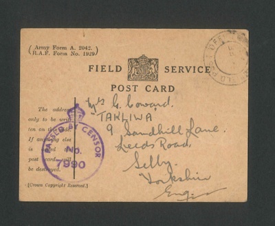 Personal mementoes - George Coward - telegram - field service post card - etc; 34527