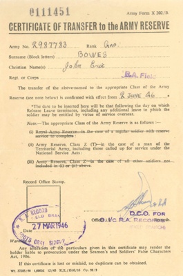 Army form x202/b - "Certificate of Transfer to the Army Reserve" - Gnr John Eric Bowes - 02/06/1946; 2/06/1946; 38101