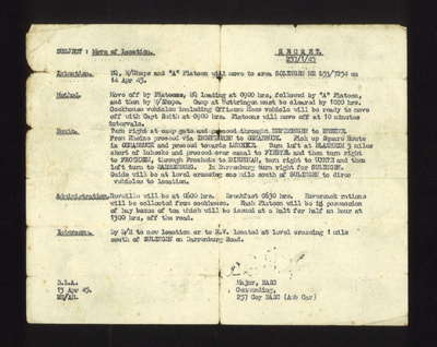 Army memo - "Move of location" 257 Coy R.A.S.C. B.L.A. 13/04/1945 - moving from to Wettringen to Solingen 14/04/1945; 13/04/1945; 6430 Army memo - "Move of location" 257 Coy R.A.S.C. B.L.A. 13/04/1945 - moving from to Wettringen to Solingen 14/04/1945; 13/04/1945; 6430