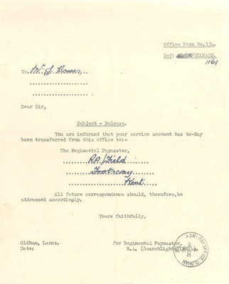 Army correspondence & forms Re :Pay arrangements on release from the army; 38106