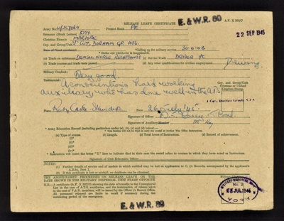 Army form x202/c - Release Leave Certificate - A.T.S. Pte Marjorie Kay W/257064 "J" Coy Durham group A.T.S. - 22/09/1945; 22/09/1945; 9590