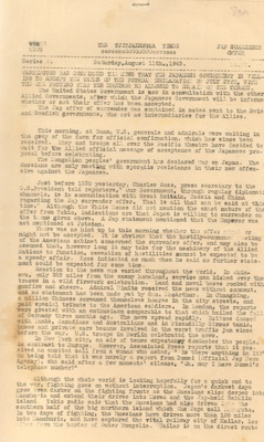 Ship's newsletter - "The Tjitjalengka Times" 11/08/1945 - "Japanese surrender offer" - newsletter of "HMHS Tjitjalengka" - hospital ship; 11/08/1945; 38316