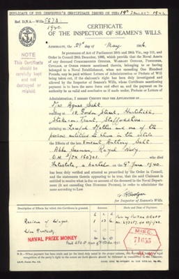 Royal Navy form no: 15 - "Certificate of the inspector of seamen's wills" - Vincent Anthony Salt D/JX 150701 able seaman - R.N. - 29/05/1946; 29/05/1946; 7643