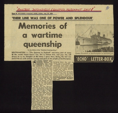 Photocopy - "Elizabethan News" 21/10/1942 - daily newsletter aboard the Queen Elizabeth - plus press cutting 27/08/1976; 21/10/1942; 2091