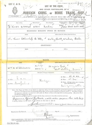 Ship's articles from last voyage - "M.V. Tower Grange" sunk by U-154 on 18/11/1942; 18/11/1942; 1860