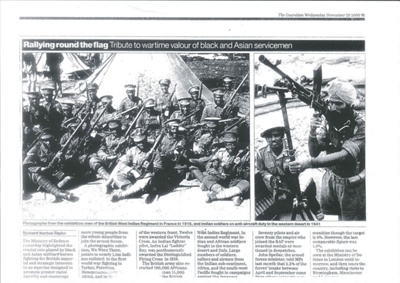 News cutting & post card - relating to special exhibition - Coloured & Commonwealth troops, past & present, in the British Army; 35513