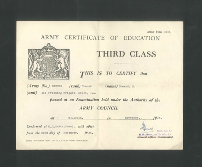 Army form c310 - army certificate of education - Gnr G. Coward - November 1934; 1/11/1934; 34524 Army form c310 - army certificate of education - Gnr G. Coward - November 1934; 1/11/1934; 34524