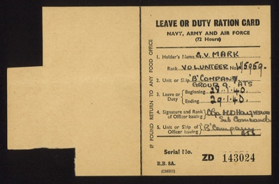 'Leave/ration card' belonging to a 'G.V. Mark'- Volunteer; 78819