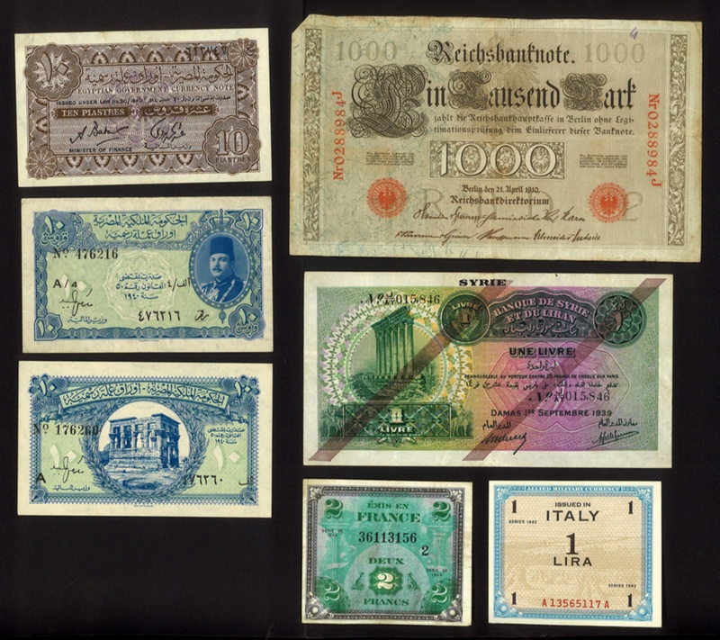 Foreign notes- German mark, French francs, Egyptian piastres, B.A.F 6 ...