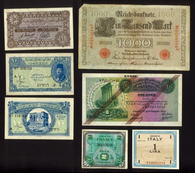 Foreign notes- German mark, French francs, Egyptian piastres, B.A.F 6 pence note, Italian lira etc ; 78857