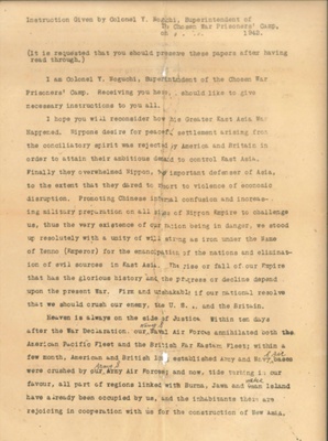 Typescript document - Letter to British P.O.W.'s of the Japanese - from Col Y. Nogochi - Commandant - "Chosen War Prisoners Camp" - 1942; 38122