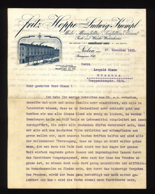 Typewritten letter from NCO Hans Rosenauer at l00972/Breslau Eastern theatre to Glanz family 03/03/1943. poss friend? in German with English translation. Franz Glanz a POW at Eden Camp.; 71514