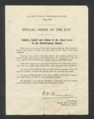 Allied force headquarters - special order of the day - 02/05/1945 - imminent surrender of German forces; 2/05/1945; 2970 Allied force headquarters - special order of the day - 02/05/1945 - imminent surrender of German forces; 2/05/1945; 2970