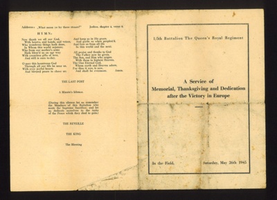 Memorial programme - service of thanksgiving - 1/5th Bn the Queen's Royal Regiment - 26/05/1945; 26/05/1945; 6434