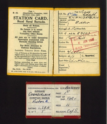 Royal naval station card (1) - Royal Naval barracks & ship's boarding pass (1) - "H.M.S. Aggressive" - Victor A. Chamberlain; 5489