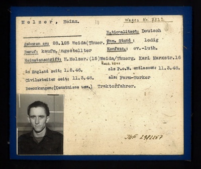 German P.O.W. record card - Heinz Melzer - German - Dob 28/01/1925; 6592
