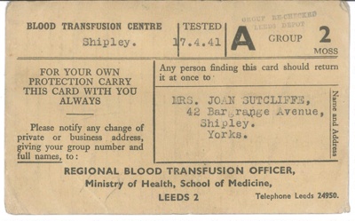 Blood Donor card - Mrs Joan Sutcliffe - 05/11/1941; 5/11/1941; 36839 Blood Donor card - Mrs Joan Sutcliffe - 05/11/1941; 5/11/1941; 36839