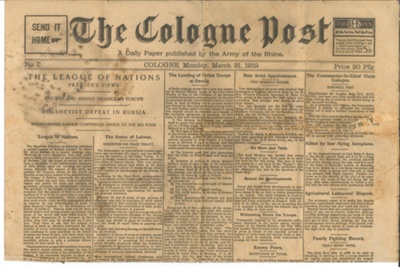 Post WW1 army newspaper - "The Cologne Post" 31/03/1919 - Issue no: 1 - "Bolshevist Defeat in Russia"; 31/03/1919; 36539