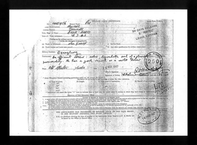 Release Leave Certificate stamped POW 250 Eden Camp. 14231956 Pte Thomas Holmes 14/03/1947; 10015 Release Leave Certificate stamped POW 250 Eden Camp. 14231956 Pte Thomas Holmes 14/03/1947; 10015