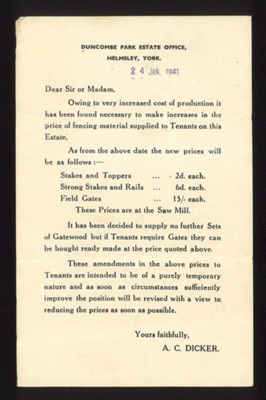 Price list for wood - Duncombe Park estate office - HELMSley - York - 24/01/1941; 24/01/1941; 2103 Price list for wood - Duncombe Park estate office - HELMSley - York - 24/01/1941; 24/01/1941; 2103
