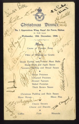 R.A.F. Christmas dinner menu - no: 1 apprentices wing - R.A.F. Halton - 18/12/1946; 18/12/1946; 5203