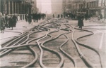 Copied official press photograph - Fire hoses in the streets on London after an air raid; 41701 Copied official press photograph - Fire hoses in the streets on London after an air raid; 41701