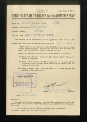 83447 - certificate of transfer to the army reserve pte eric gooden