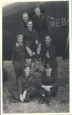 Copy of photograph - Lancaster bomber crew stationed at mepal East Anglia 1944 - rear gunner George alley in middle with trousers rolled up; 37885