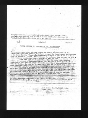 Canadian press article - "Naval gunners in merchantmen are hand picked" - re: D.E.M.S. - 1943; 1/01/1943; 1958 Canadian press article - "Naval gunners in merchantmen are hand picked" - re: D.E.M.S. - 1943; 1/01/1943; 1958