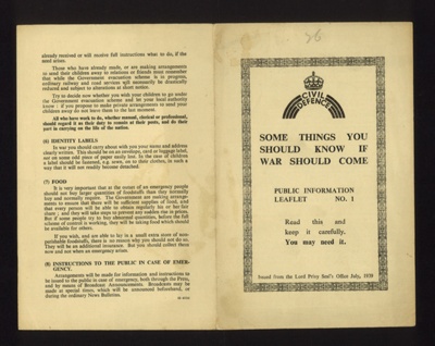 Civil Defence information leaflet no: 1 - "Some things you should know if war should come" - July 1939; 1/07/1939; 5263
