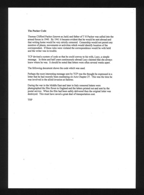 Information on codes used by P. Thomas Packer while serving abroad in the R.A.M.C. when writing to his wife; 79127