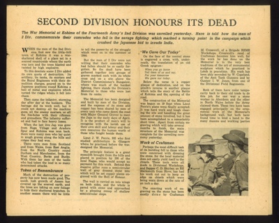 Newspaper article - "For your Tomorrow..." - memorial to the 2nd Division - 14th Army at Kohima - from S.E.A.C. newspaper 19/11/1944; 19/11/1944; 5360