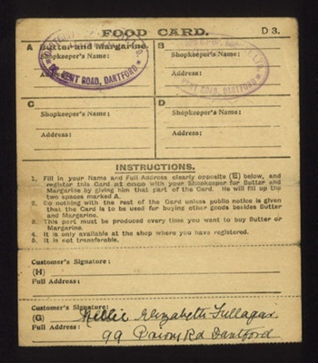 Food card - London and Home Counties - Nellie E. Fullager - dartford -1914; 1/01/1914; 5209