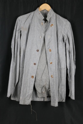 Axis POW suit- grey cotton/denim with black diamond on back of jacket and stripe down trouser legs- purchased via e-bay- paper details, recepit etc in d770; 51302