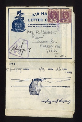 R.A.F. air mail letter - from Cpl A. Calvert 637731 R.A.F. - Ceylon - Christmas 1942; 25/12/1942; 2694