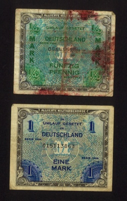 Bank notes (2) - German occupation currency - eine mark (1) & funfzig pfennig (1) - 1944; 1/01/1944; 7582