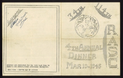 Menu- '4th annual dinner' mar 19th 1945' R.A.S.C. ; 78860