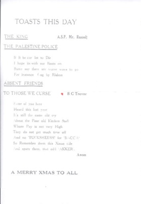 Photocopies (2) - Christmas dinner menus - Palestine police detention camp - latrun - 1946 & 1947; 25/12/1946; 32775 Photocopies (2) - Christmas dinner menus - Palestine police detention camp - latrun - 1946 & 1947; 25/12/1946; 32775