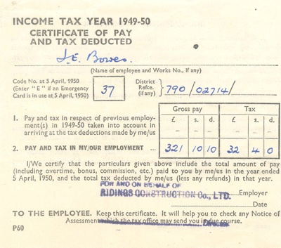 Income Tax Certificate of Pay and Tax Deducted 1949-1950 - J.E. Bowes; 38108