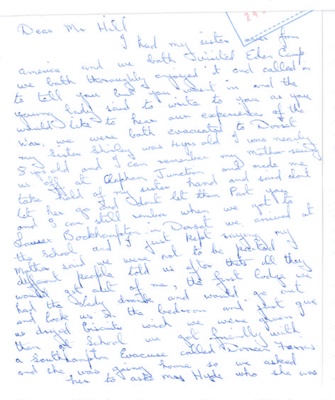 Written account of Mrs J. Thompson & her sisters evacuation as children from London to Dorset - (see forces reunion); 36342