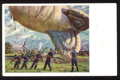 Postcard of painting & 2 copies - "Balloon Site" by Dame Laura Knight - (photocopy in hut 9 - "Balloon, Transport, Ata Display); 6276