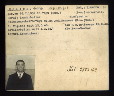 German P.O.W. record card - Georg Welter - Rumanian - Dob 26/07/1909; 6642