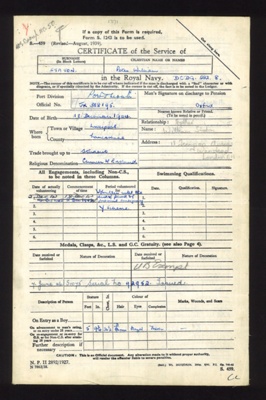 R.N. form S459 - certificate of service in the Royal Navy - Peter W. Staton JX 388195 - 02/12/1942; 2/12/1942; 6337