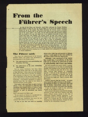 German propaganda leaflet - "From the Fuhrer's Speech" - dropped at Bempton from German aircraft; 24/10/1990; 2061